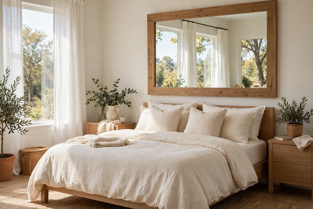 Bright bedroom with a large framed mirror reflecting daylight.