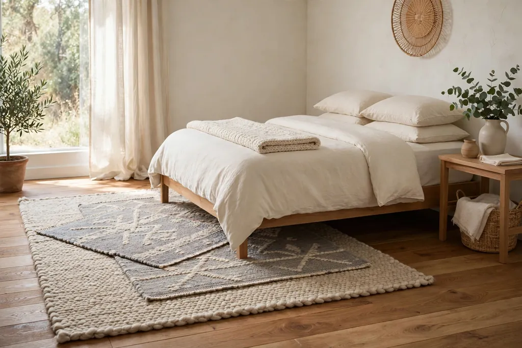 Bedroom with layered wool rugs over a wood floor beside a bed.