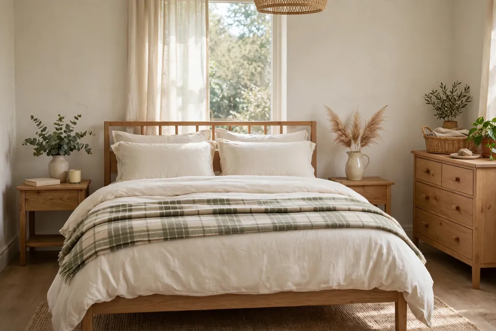 Bed with a muted green and cream tartan throw folded across the foot.