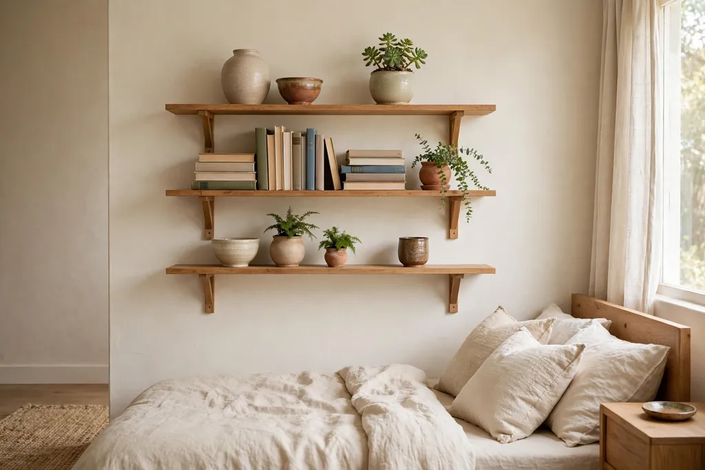 Bedroom open shelves holding pottery