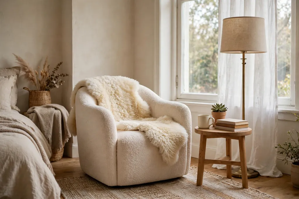 Bedroom reading chair with a sheepskin drape and a floor lamp.
