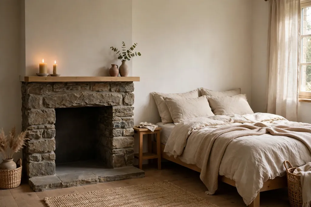 Bedroom stone fireplace nook with a simple mantel and candles.