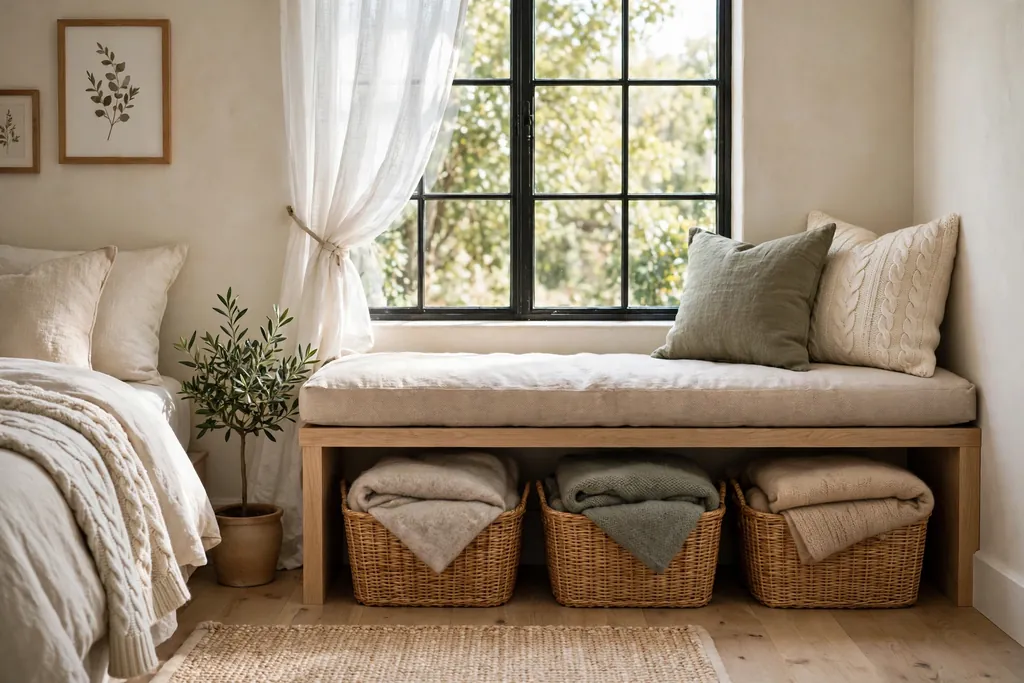 Bedroom window seat with a cushion and storage baskets beneath.