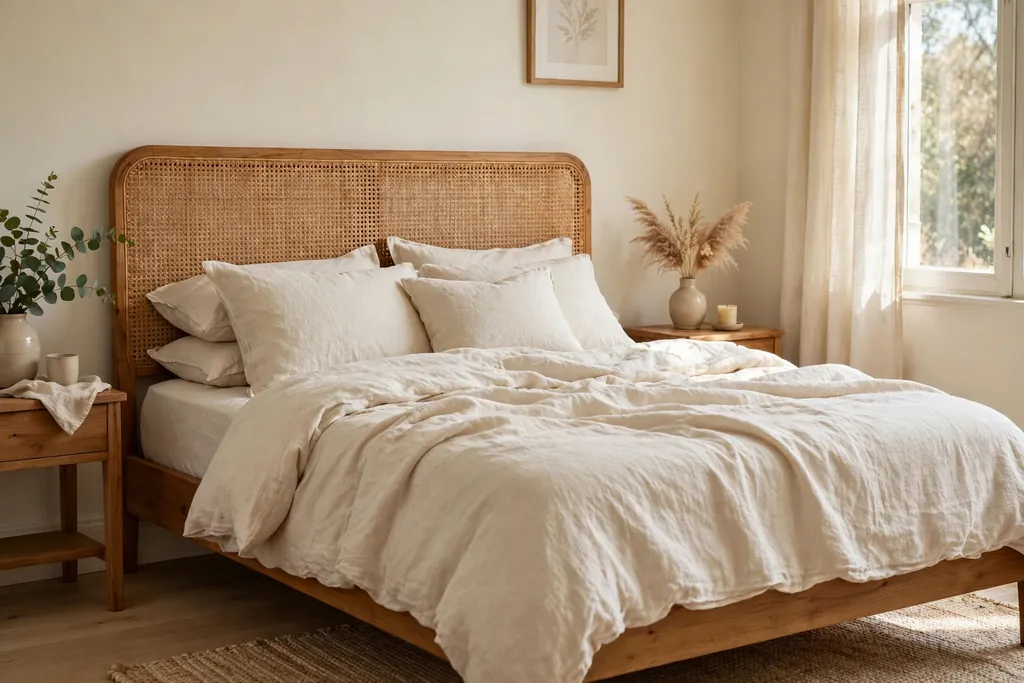 Natural wood bed frame with a woven headboard and cream linen bedding.