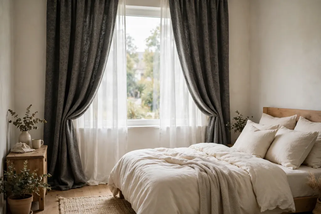 Bedroom window with heavy wool curtains over sheer panels.