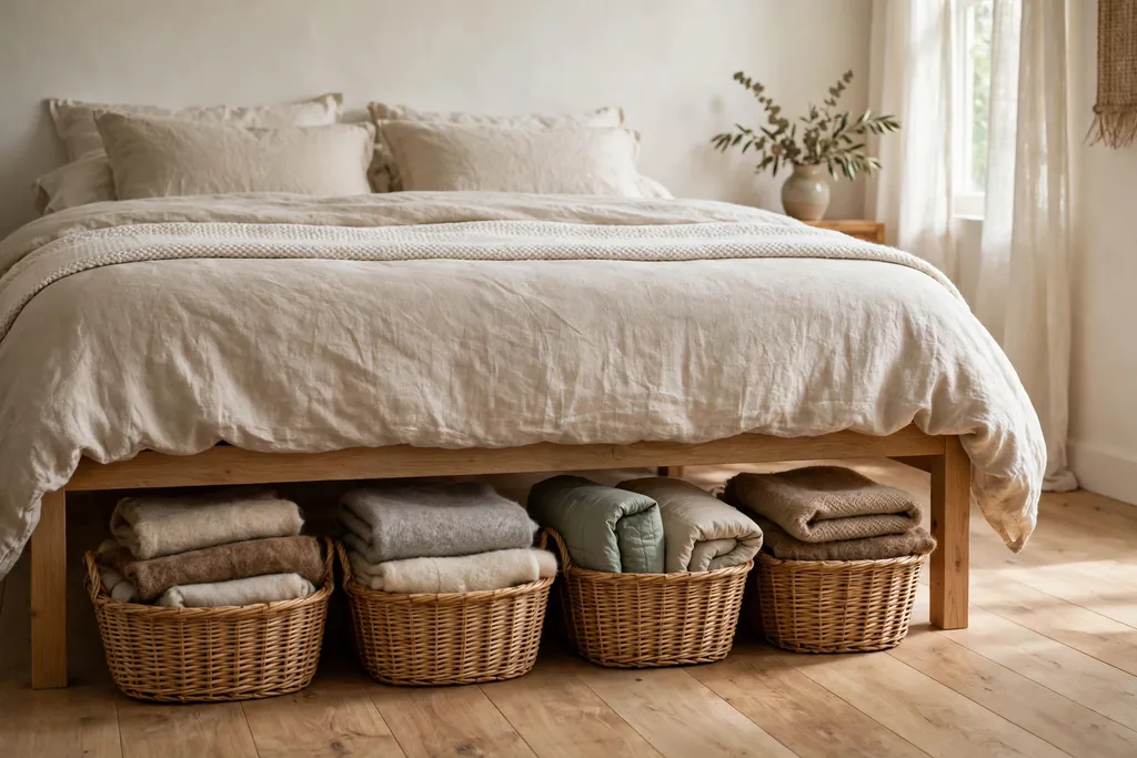 Woven baskets under a bed holding folded wool throws.