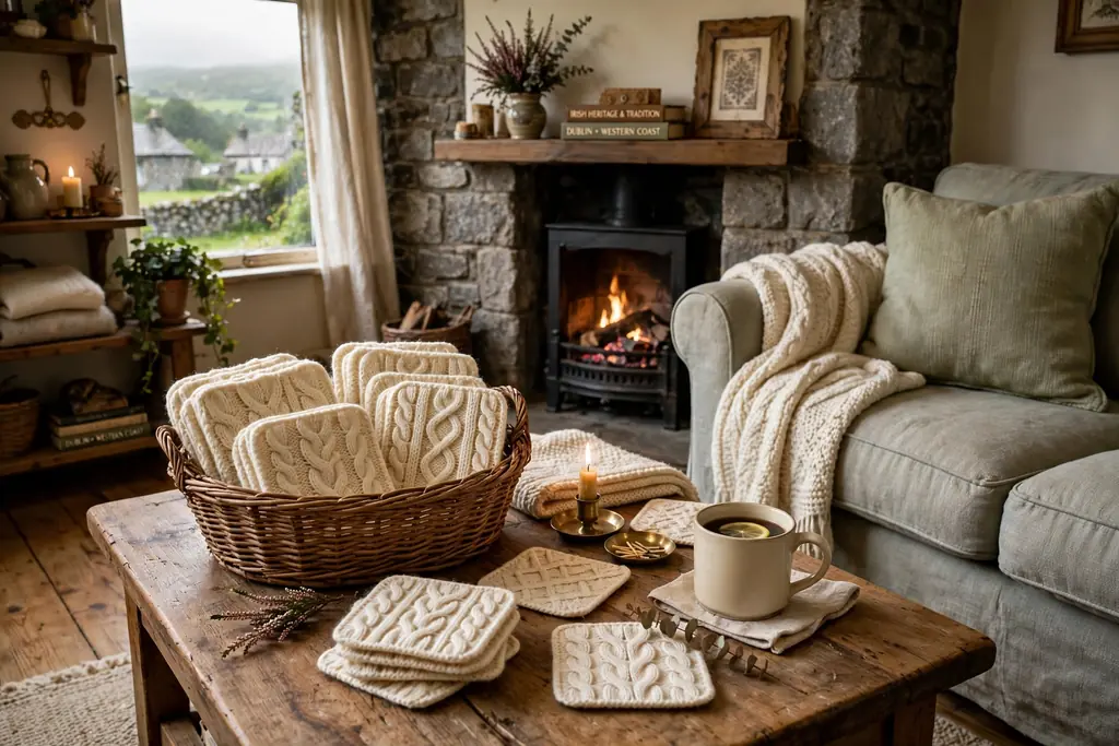 Basket of cream Aran knit coasters on a coffee table near a sofa.