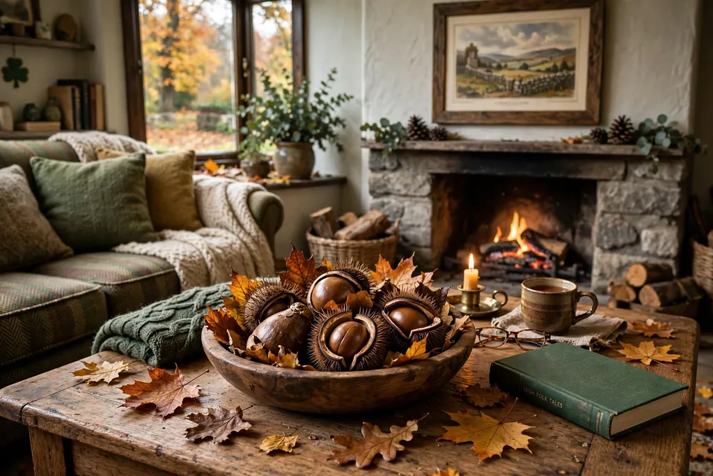 Wooden bowl with conkers and dried leaves on a coffee table in autumn.