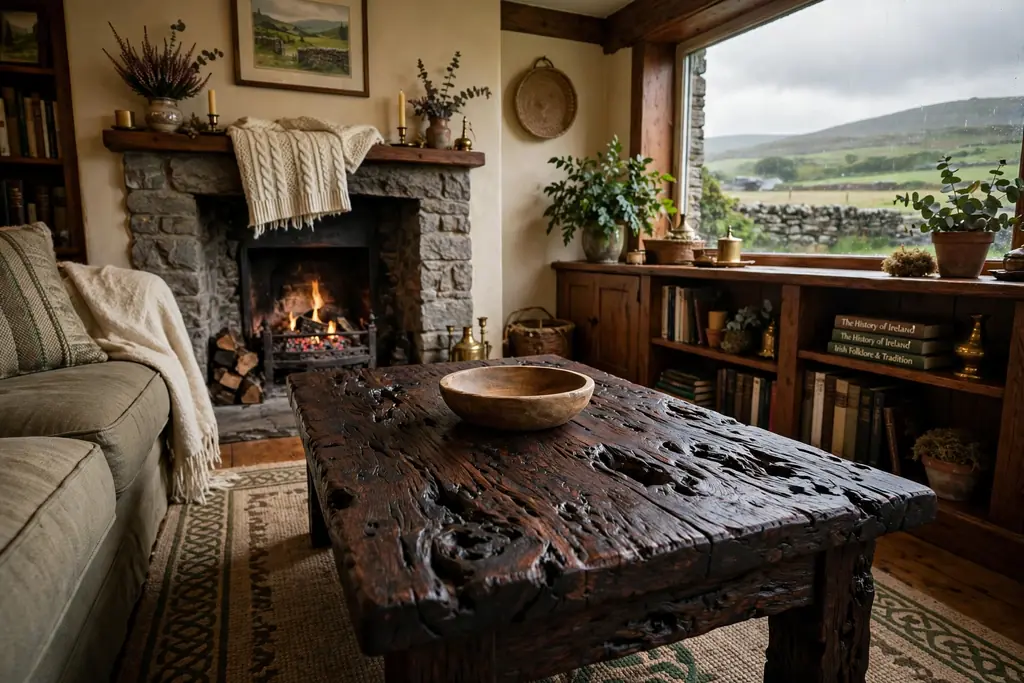 Dark bog oak coffee table with a single low wooden bowl at its center.