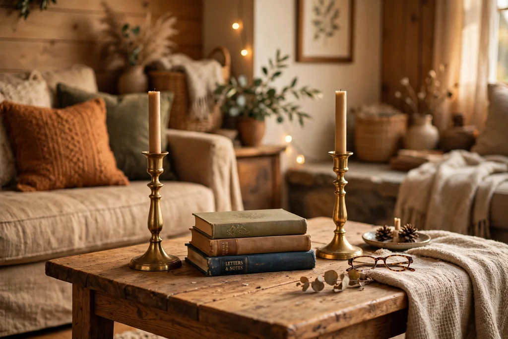 Pair of brass candlesticks on a coffee table flanking a small book stack.