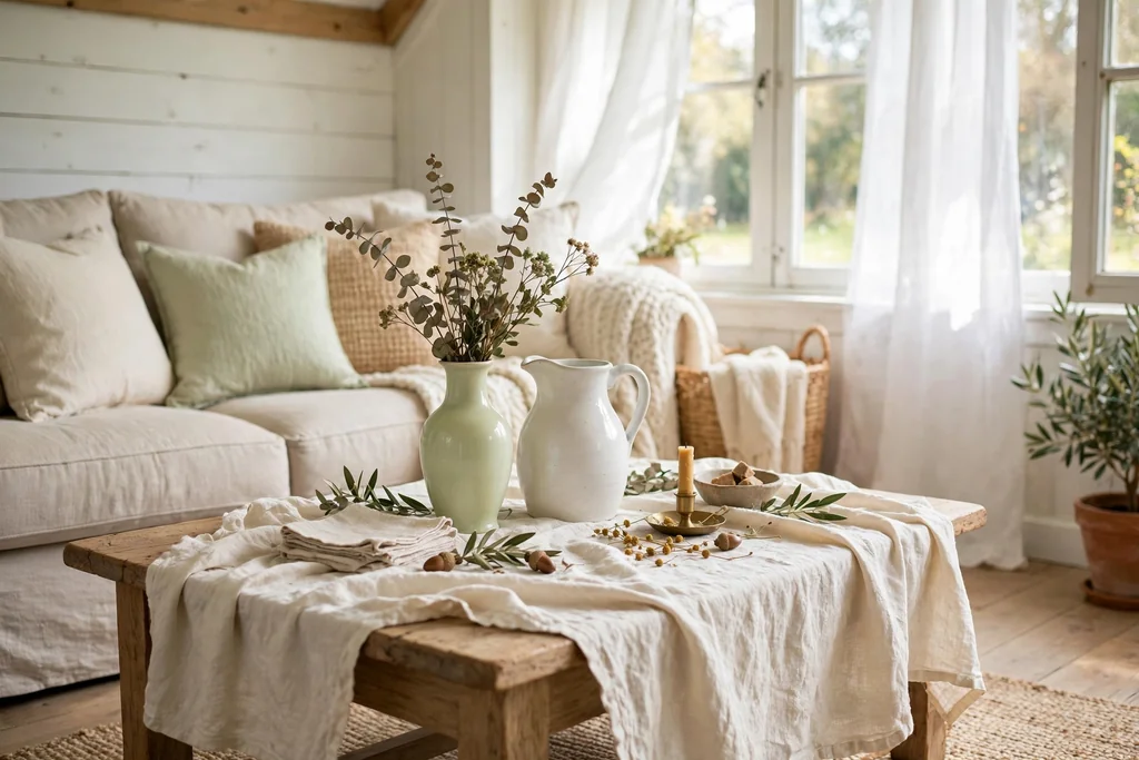 Bright cottage coffee table with cream linen, a pale green vase, and a white jug.