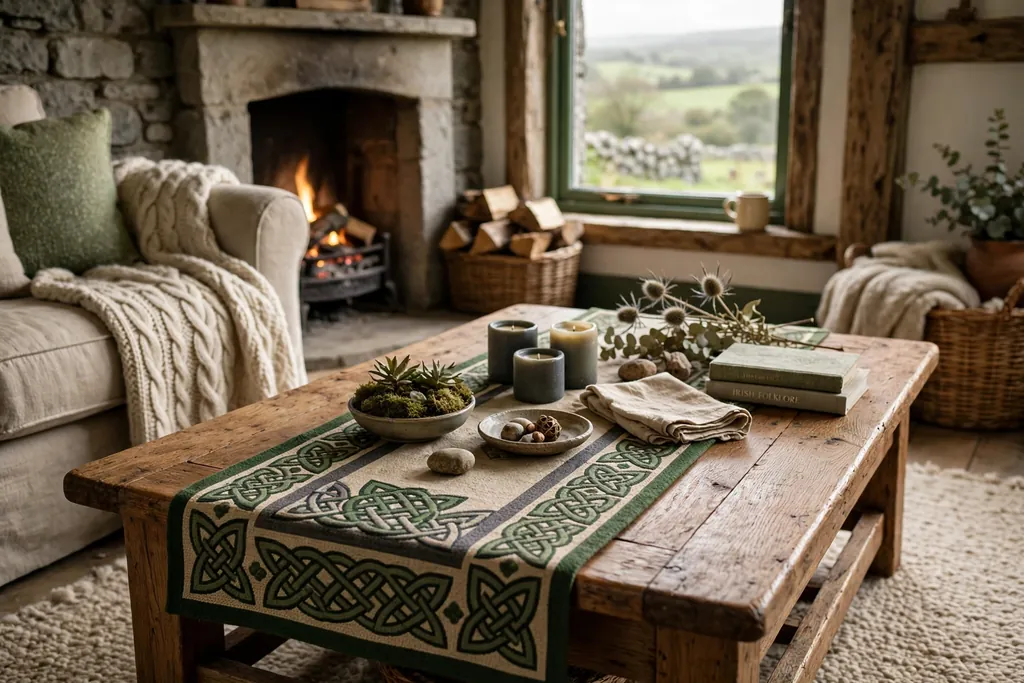 Coffee table with a Celtic knot border runner and low styling pieces.