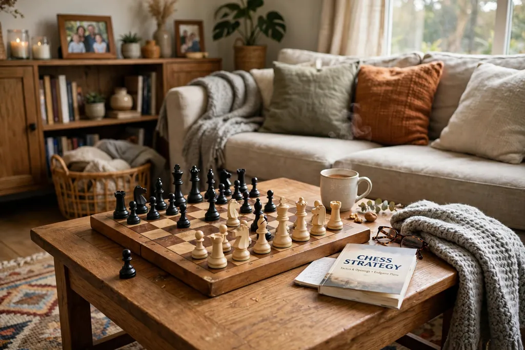 Chess set mid game on a coffee table beside a small strategy book.