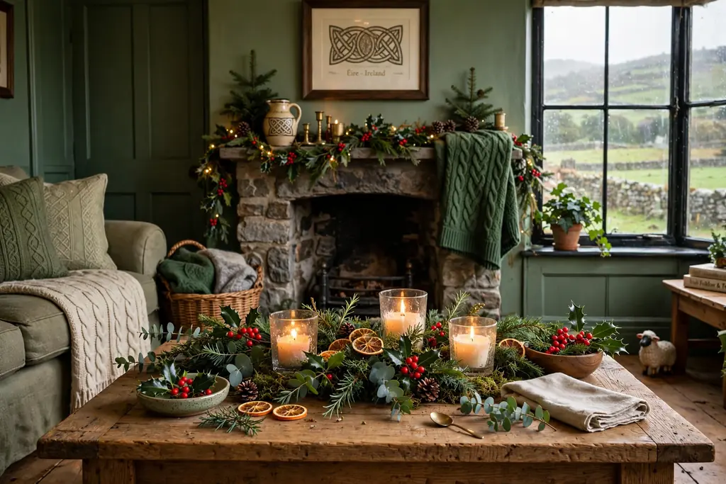 Coffee table with fresh greenery, red berries, and candles in glass holders.