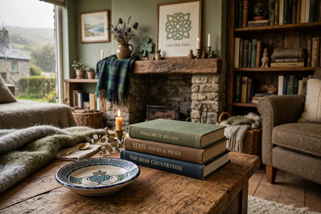 Small Claddagh dish on a coffee table beside a book stack.