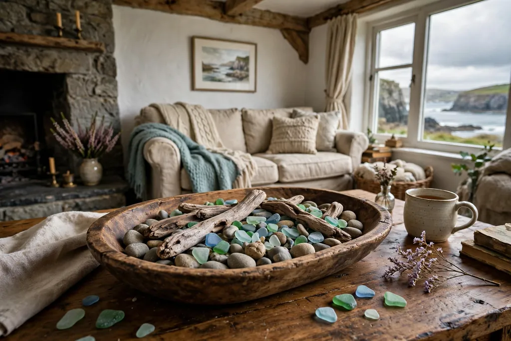 Shallow wooden bowl with pebbles, driftwood, and sea glass on a coffee table.