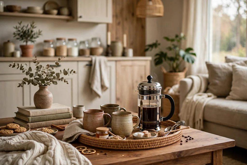 Coffee corner on a coffee table with pottery mugs and a French press on a tray.