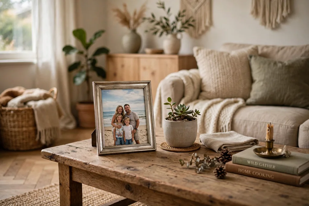 Silver framed family photo on a coffee table beside a small plant.
