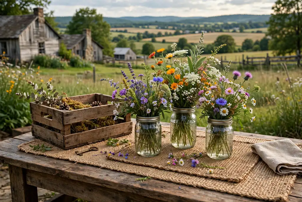 Rustic farmhouse coffee table with a jute mat, a wooden crate, and mason jars with wildflowers.