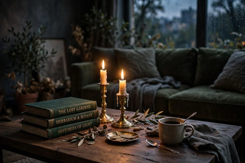 Evening coffee table with deep green books, brass candlesticks, and candlelight.