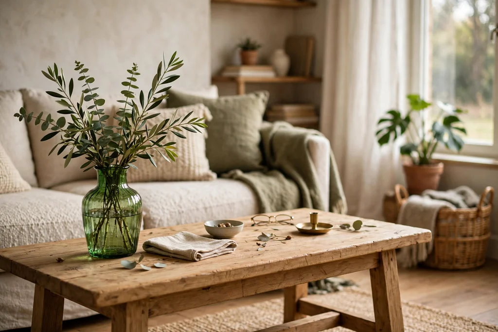 Green glass vase with fresh stems at one end of a coffee table.