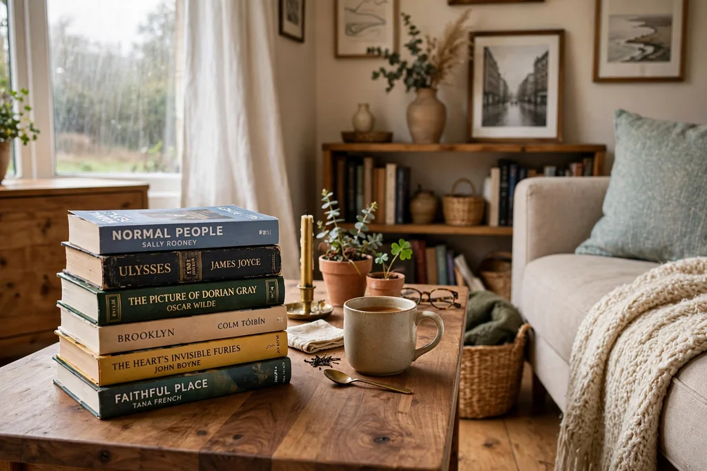 Stack of books by Irish writers on a coffee table beside a sofa.