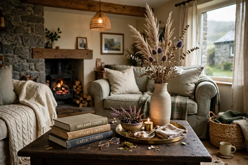 Coffee table styled in layered heights with books, a tray, and a tall vase.