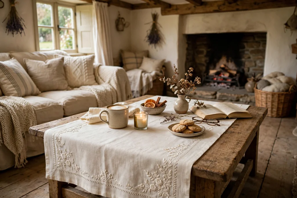 Coffee table dressed with an embroidered cream Irish linen runner.