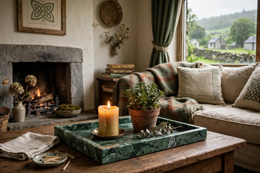 Green Connemara marble tray on a coffee table holding a candle and a small plant.