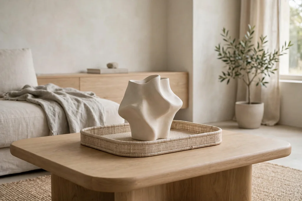 Modern coffee table with a neutral tray and one sculptural ceramic piece.