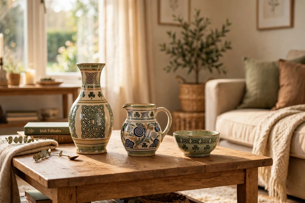 Three pieces of Irish pottery in different heights on a wood coffee table.