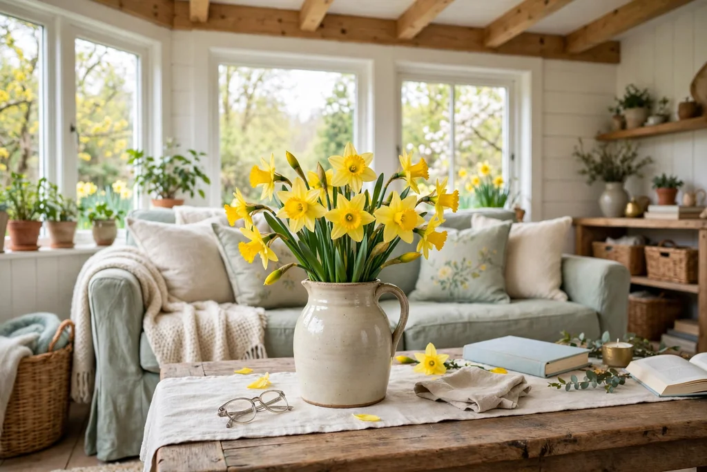 Jug of fresh daffodils at the center of a coffee table in spring.