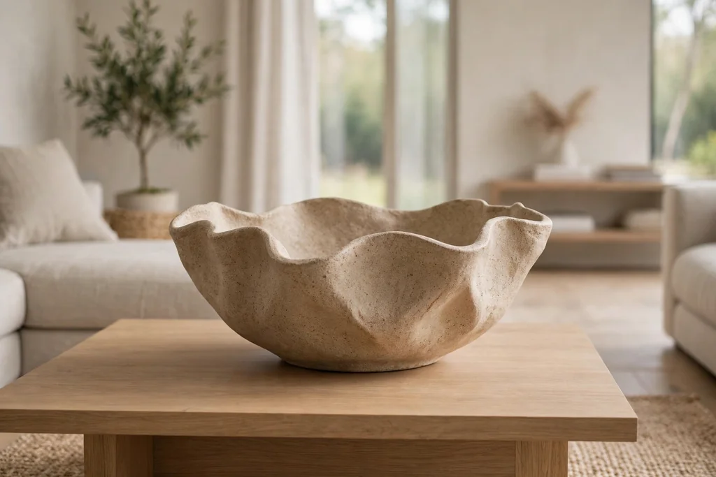Large statement bowl alone on a coffee table with clear space around it.