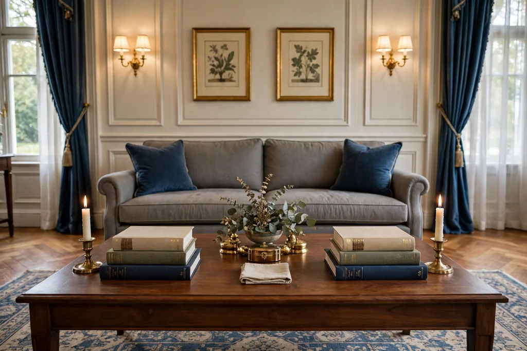 Symmetrical coffee table layout with matching book stacks and candles at both ends.