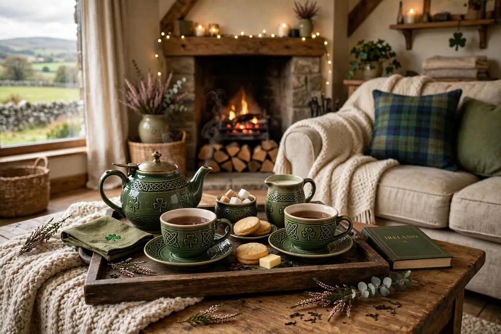 Irish tea service on a tray on a coffee table with two cups and a teapot.