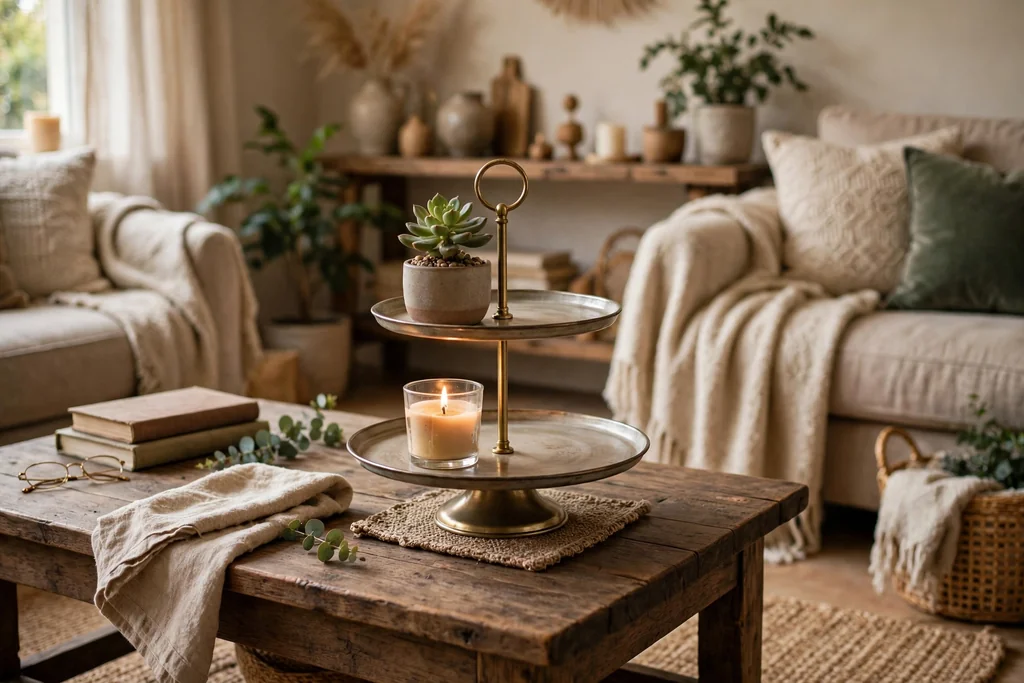 Two tier cake stand on a coffee table holding a small plant and a candle.