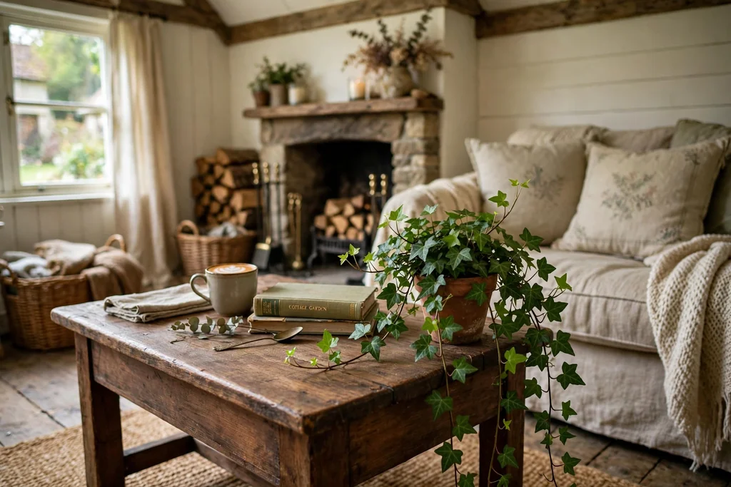 Trailing ivy in a small pot at the corner of a coffee table with stems over the edge.