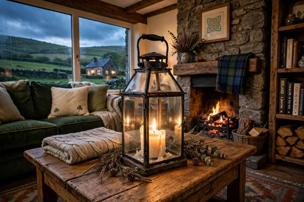 Glass lantern with a candle at the center of a coffee table in the evening.
