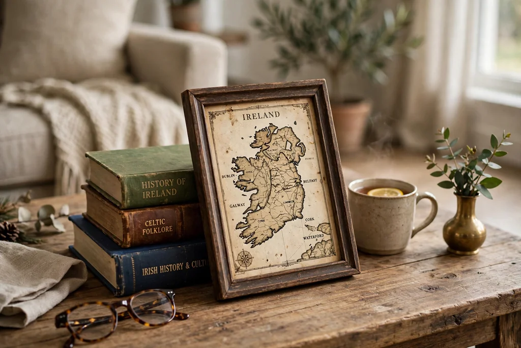 Small framed vintage map of Ireland leaning against books on a coffee table.