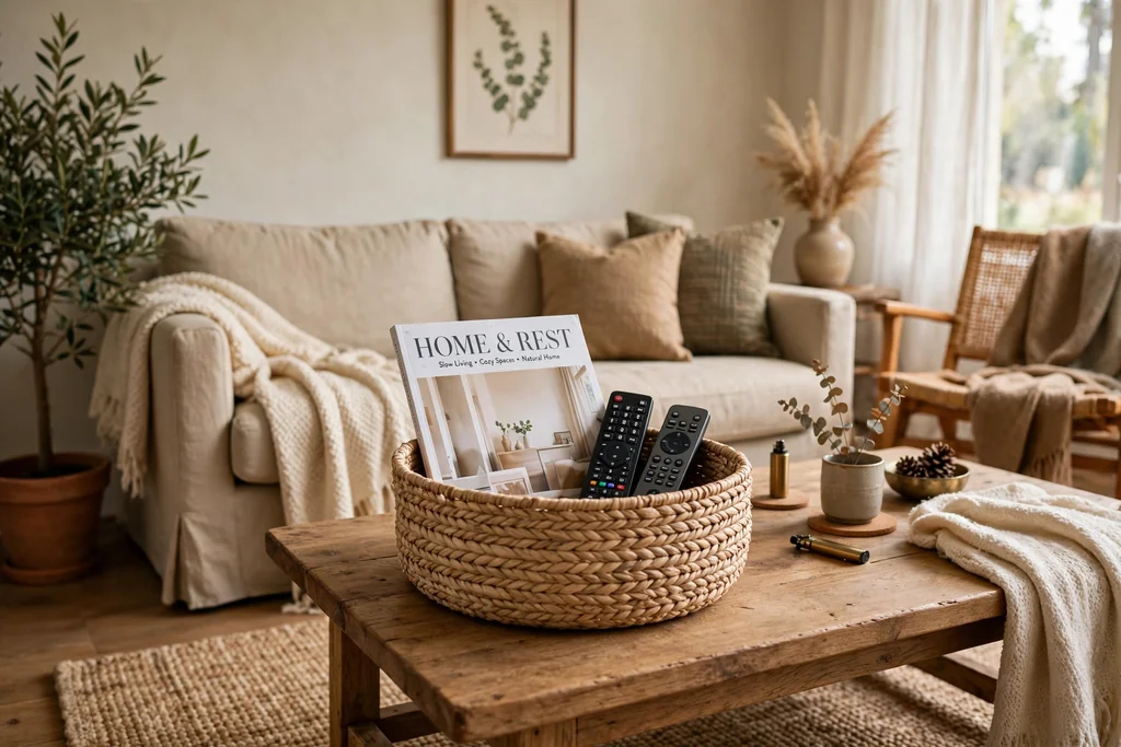 Low woven seagrass basket on a coffee table holding a magazine and remotes.