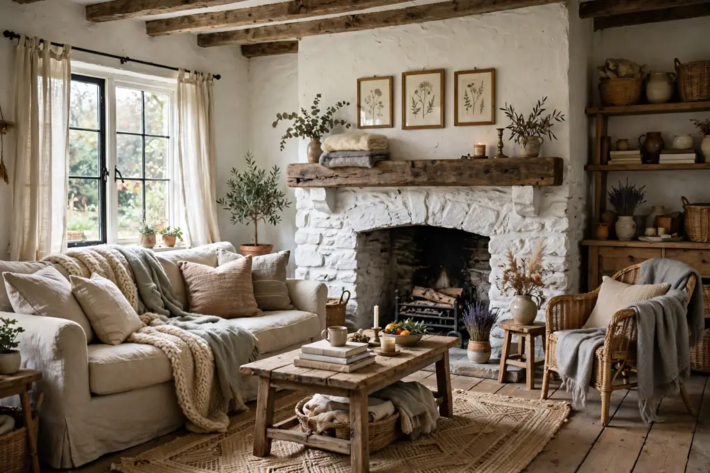 Cottage living room with a whitewashed stone fireplace and a wood mantel.