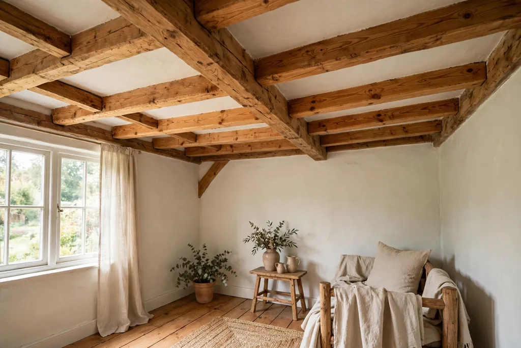 Cottage room ceiling with warm pine beams over pale walls.