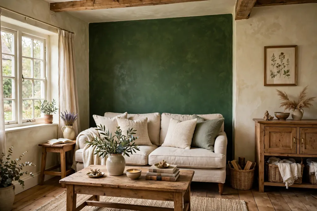 Cottage room with cream limewash walls and a deep green accent wall.