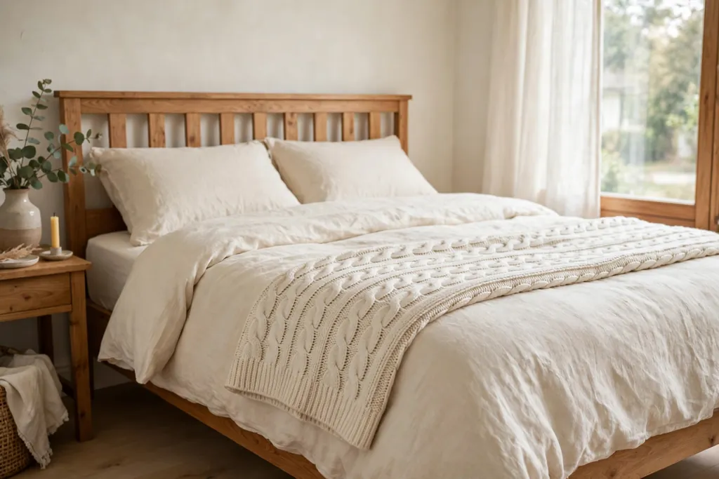 Bed with cream linen bedding and a cable knit Aran throw.
