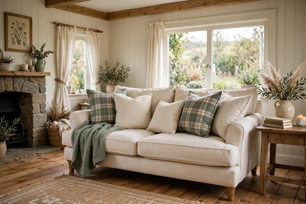 Sofa with muted green and cream tartan cushions and plain cream cushions.