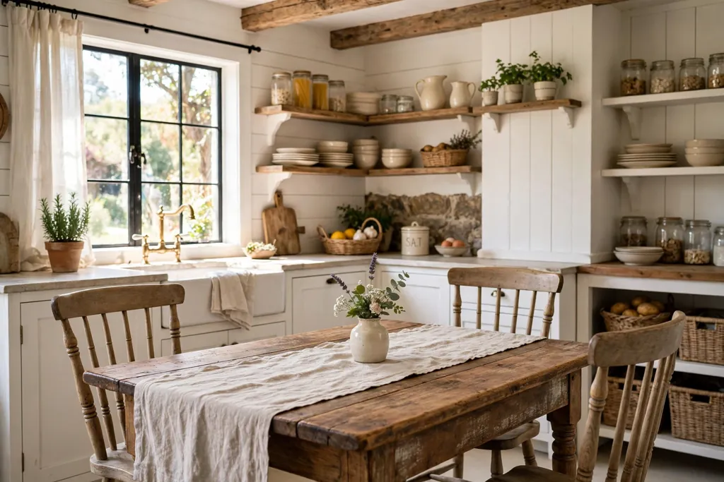Cottage kitchen with a farm table, spindle chairs, and a linen runner.