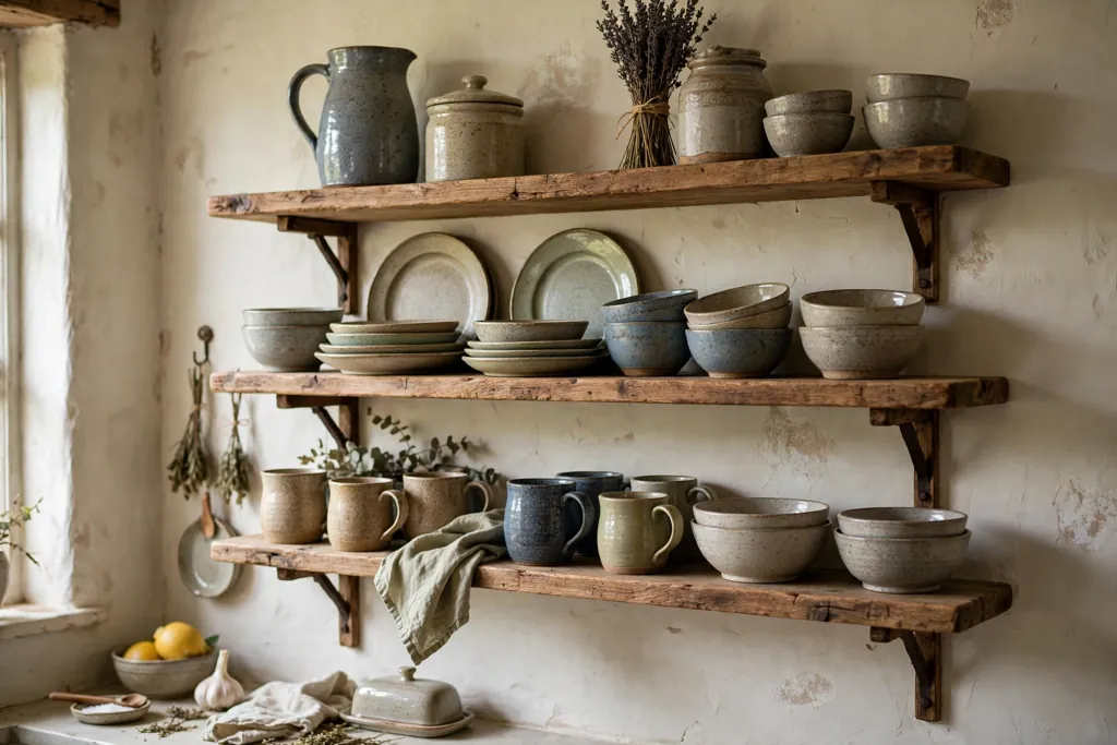 Cottage kitchen wall with open wood shelves holding stoneware pottery.