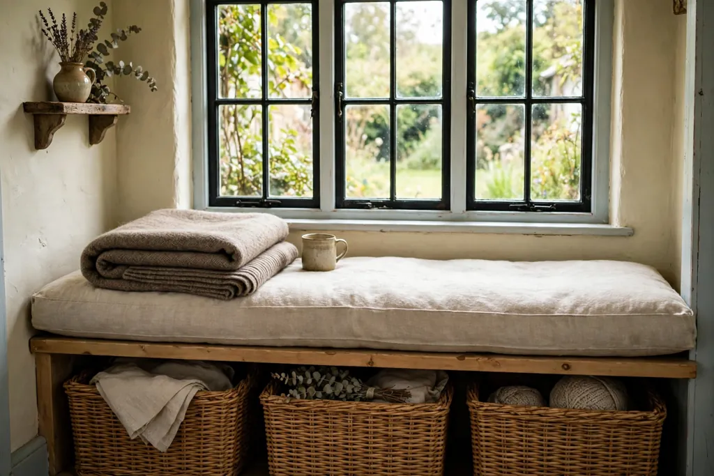 Cottage window seat with a cushion, a wool blanket, and storage baskets beneath.