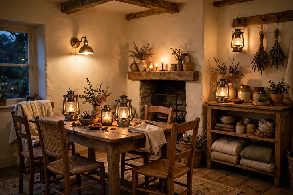 Cottage room in the evening with brass lamps and lanterns glowing.