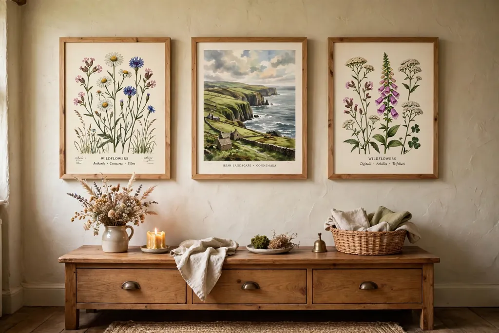 Cottage wall with framed Irish landscape and wildflower prints in wood frames.